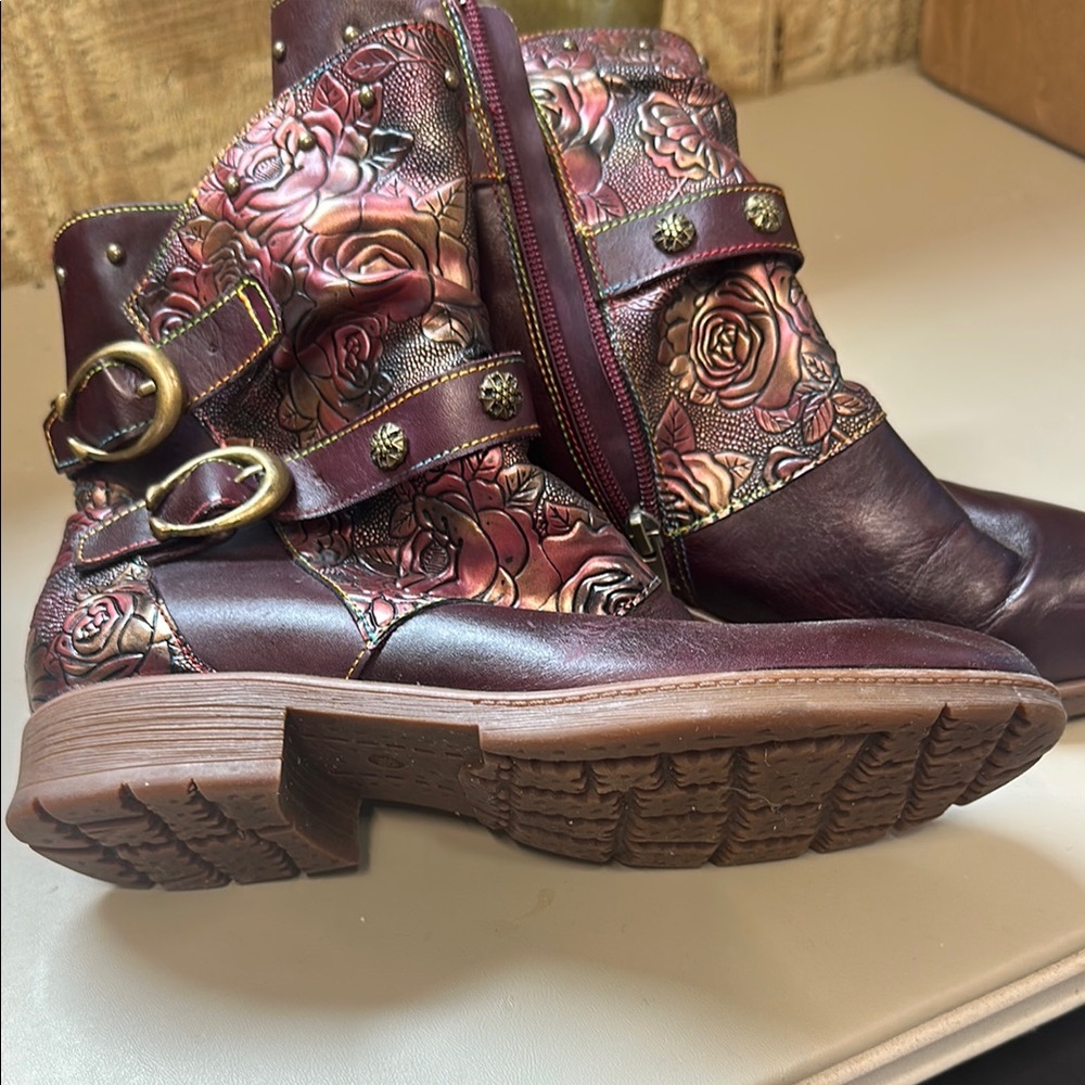 Brown and Pink Paisley Ankle Boots with Buckle Detail